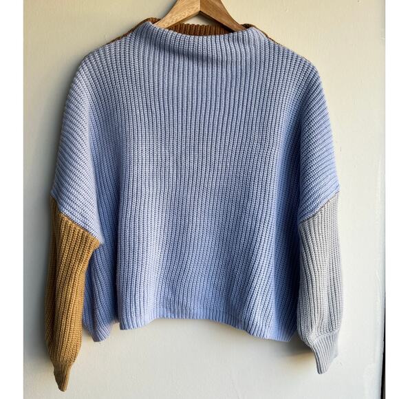 SHEIN Blue Brown Colorblock Knit Sweater Boat Neck Size Medium - Picture 1 of 8